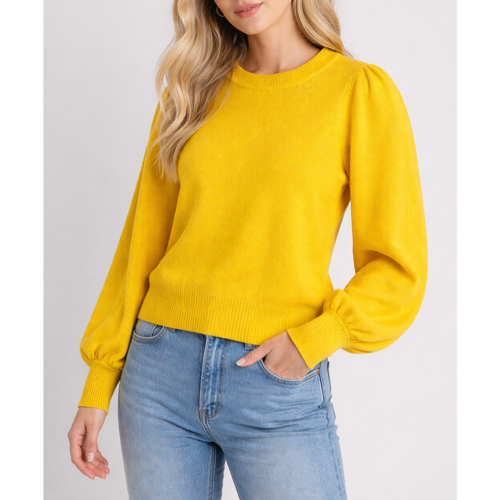 AQUA‎ 100% Cashmere Sweater Womens Large Yellow Puff Sleeve Preppy Luxury Boho